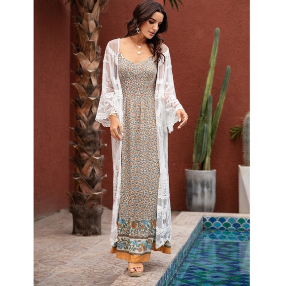 White Lace Boho Coverup Long Kimono - Picture 7 of 10